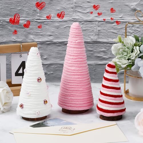 3 Pcs Valentine Day Tree Table Decorations Yarn Wrapped Mini Trees Pink White
