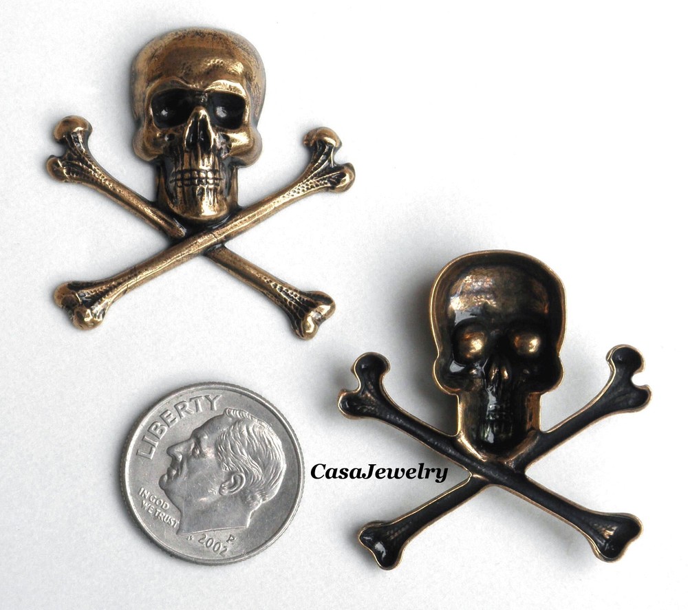 #2076 MEDIUM ANTIQUED GOLD SKULL & CROSS BONES - 2 Pc Lot