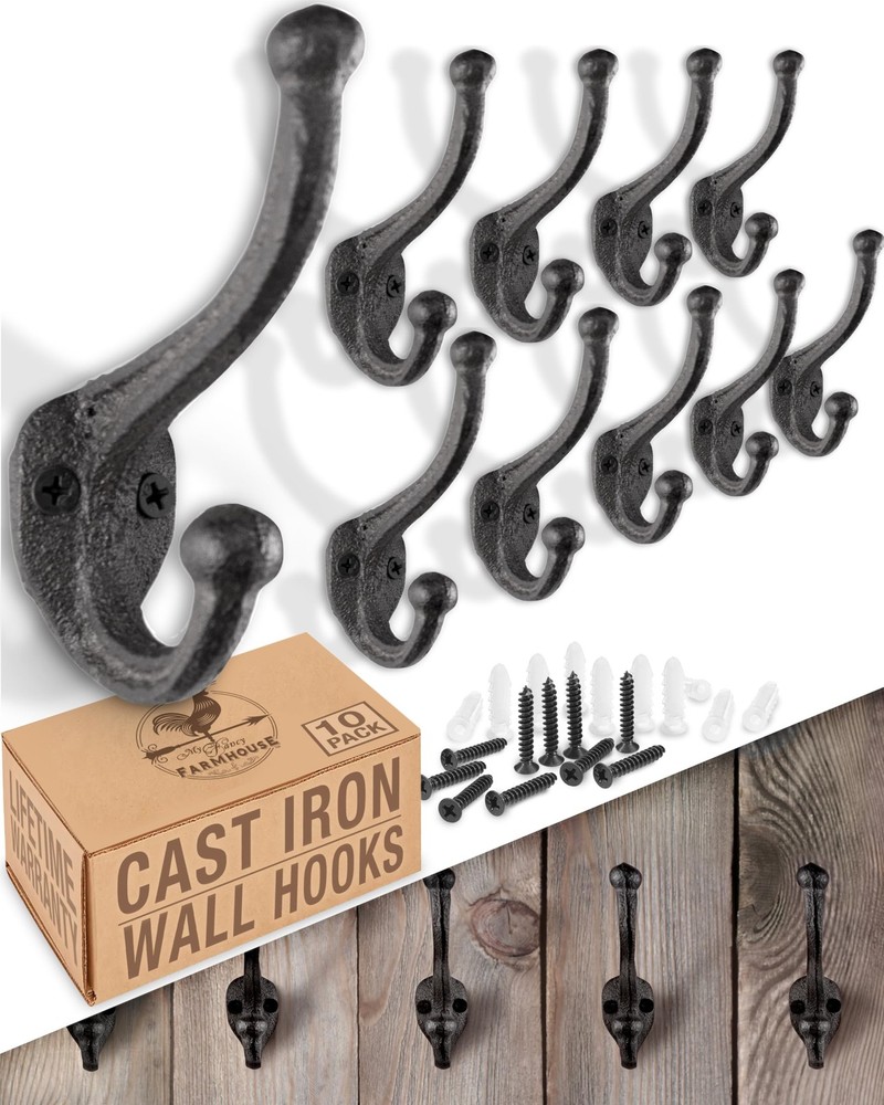 Rustic Cast Iron Coat Hooks (10 Pack) Wall Mounted Farmhouse Decorative Hooks