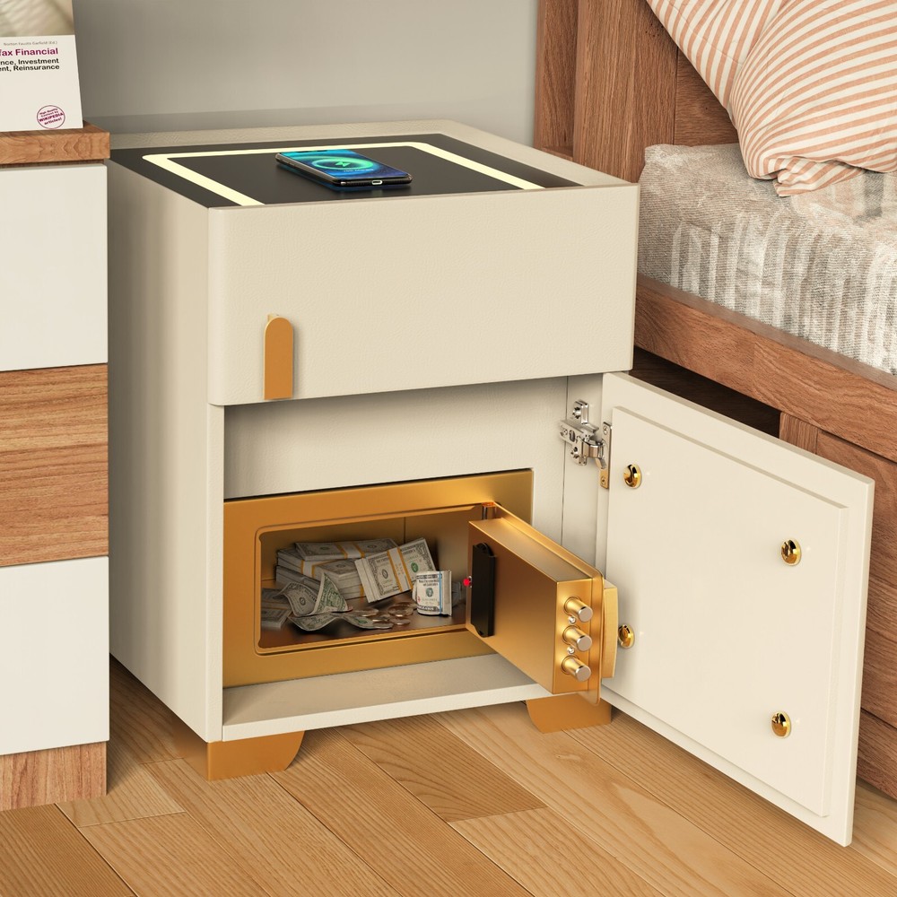 Off-white smart bedside table with safe, wireless charging + three-color light