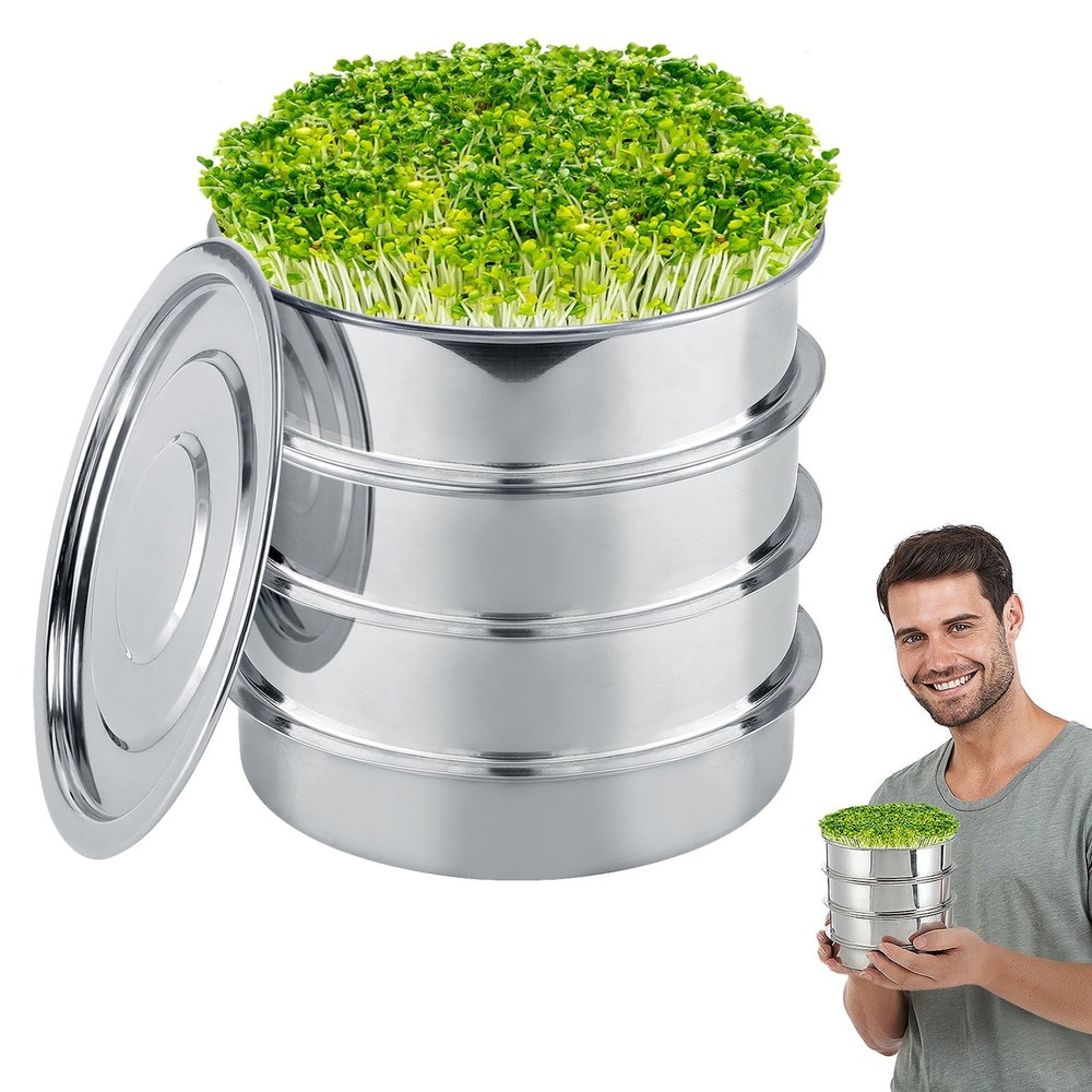 Stainless Steel 4 Tier Seed Sprouting Kit 6" Stackable Microgreens Tray
