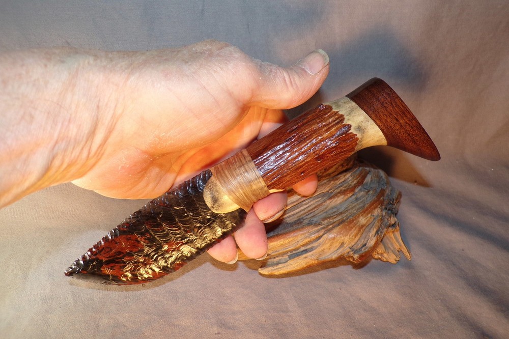 Triple Flow Obsidian Cody Knife with Elk Antler & Walnut End Cap Handle COA