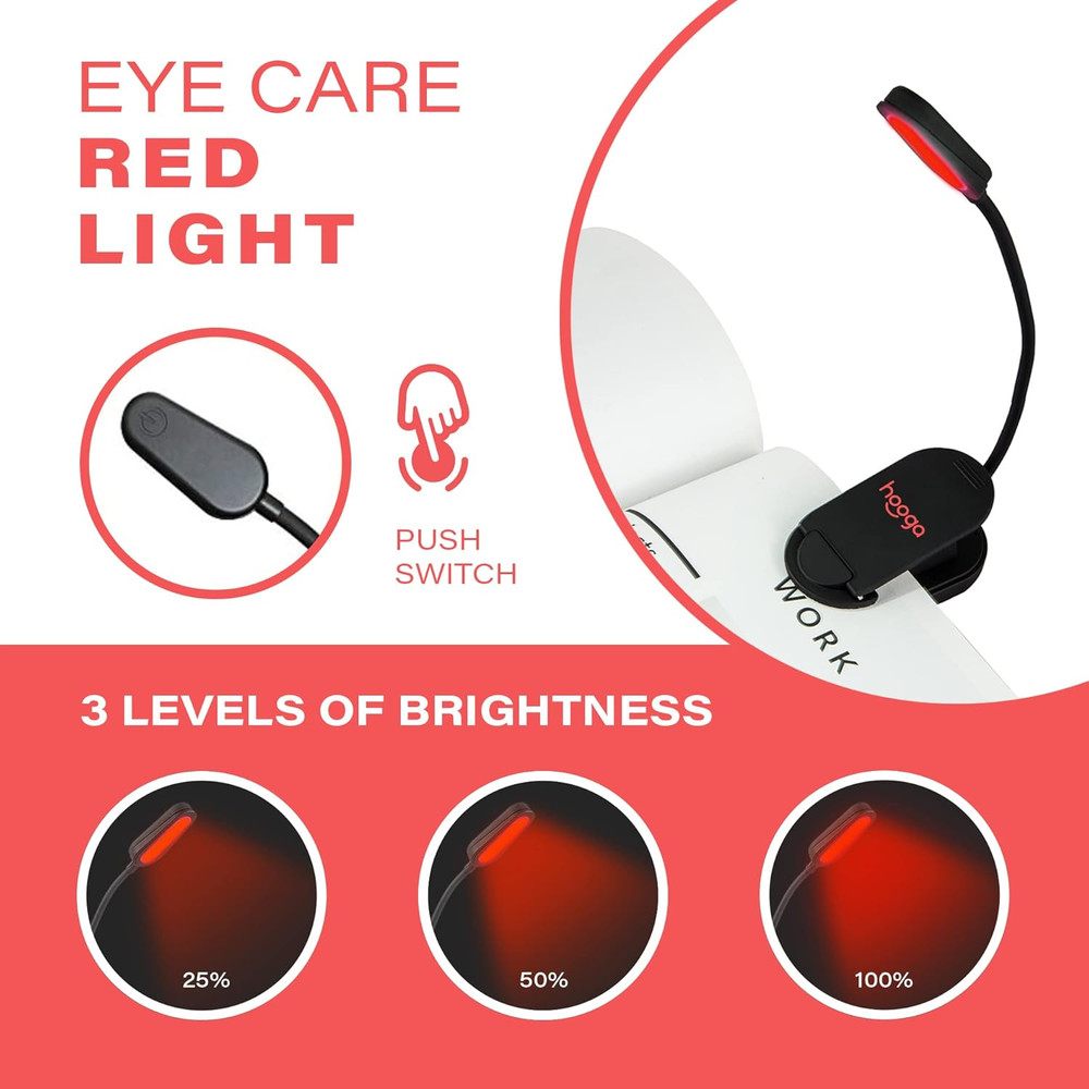 Red Clip-On Book Light, 625Nm LED, Reading in Bed, Portable Light Source