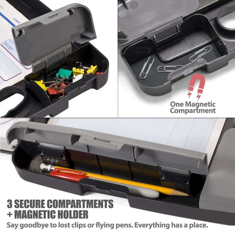 Portable A4 Clipboard Storage Case - Durable Plastic, Charcoal Color, Compact