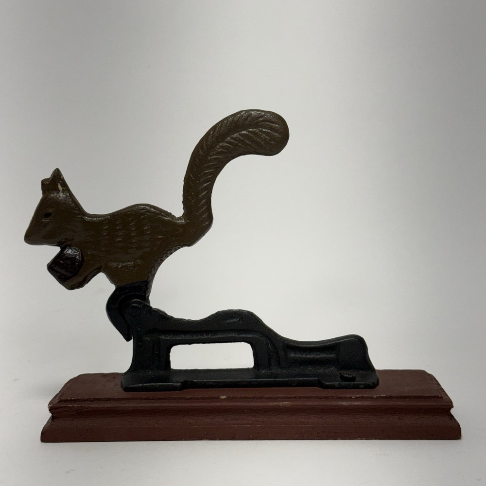 Cast Iron Squirrel Nutcracker on Wood Base Vintage Rustic Cabin Decor