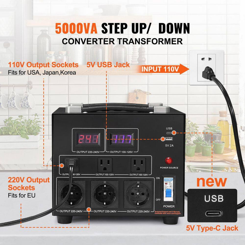 5000-Watt Voltage Converter Transformer, Step Up/Down 110V-220V, for Single-Phas