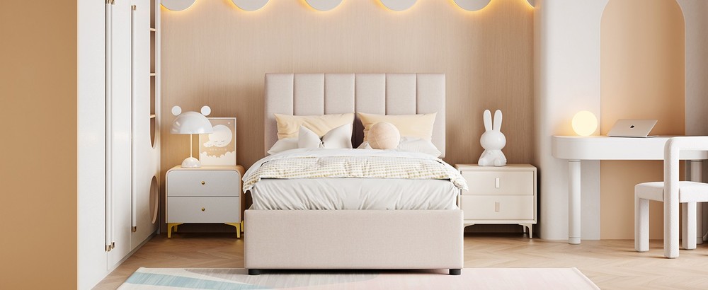 Twin Size Upholstered Platform Bed with a Hydraulic Storage System, Beige
