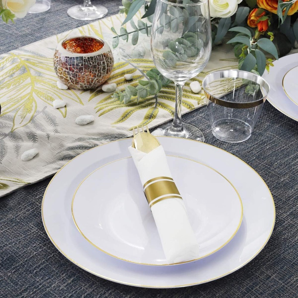 60 Pack Pre-Rolled Napkins with Gold Plastic Silverware, Disposable Cutlery Set