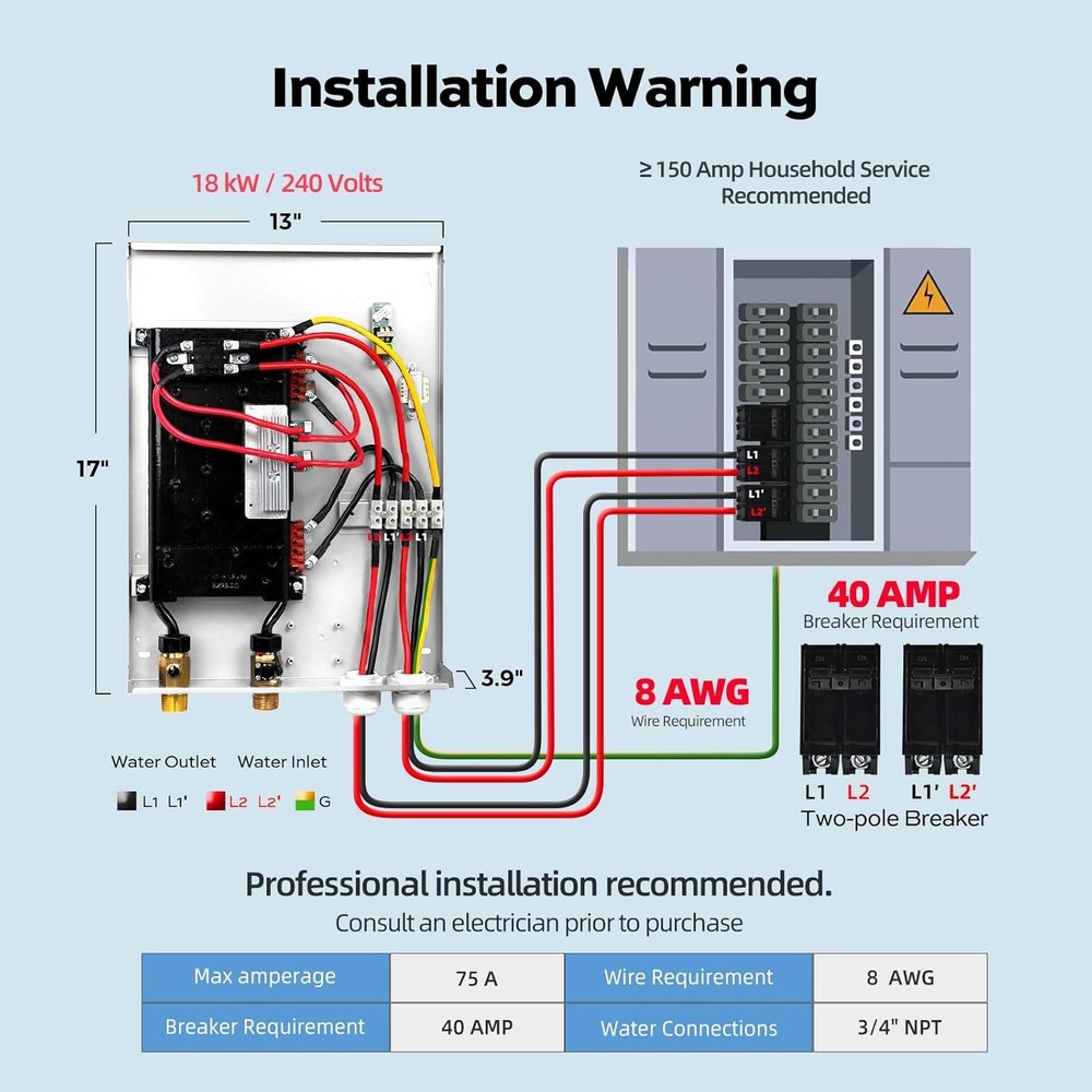 18KW 240V Electric Tankless Water Heater Boiler for Shower Bathroom 4.17GPM