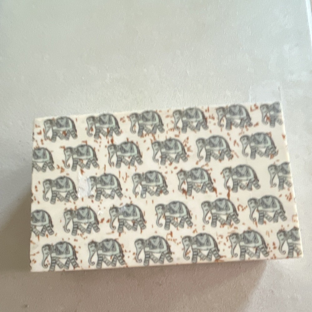 Small Rectangular Wooden Decorative Box with Elephant Print, Beige Gray, India