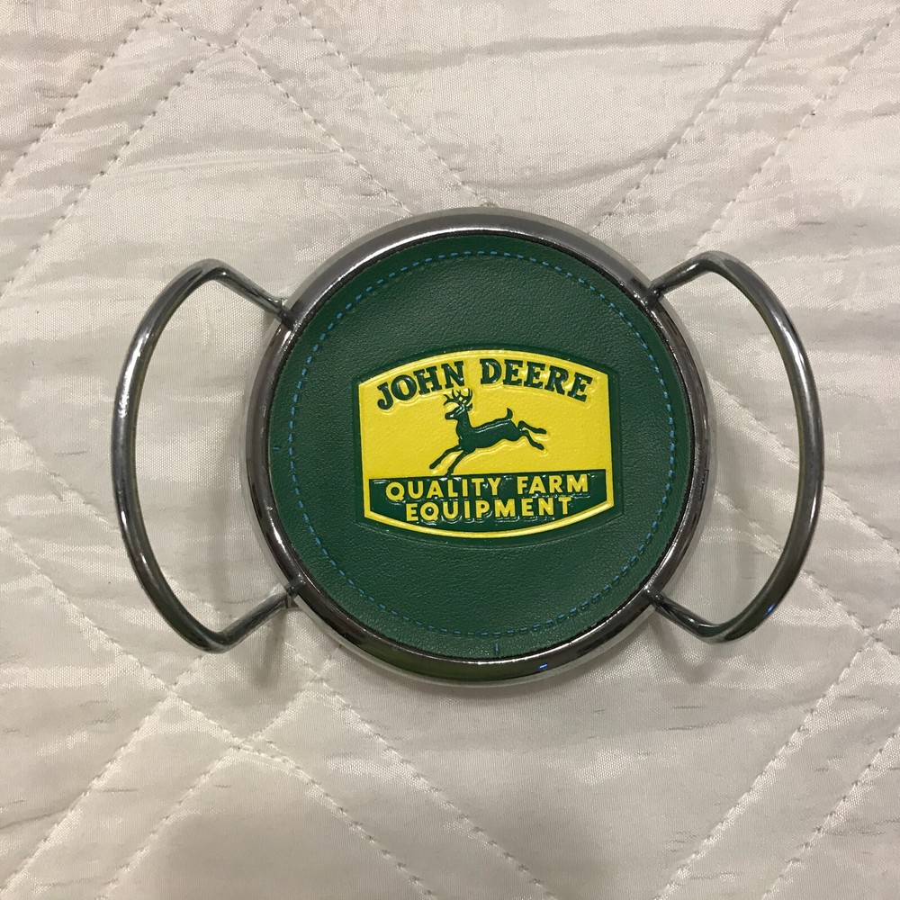 4 John Deere leather faced coasters with holder