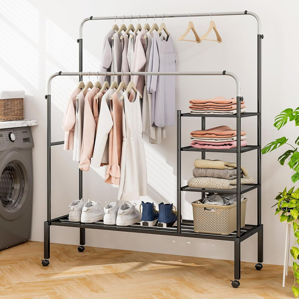 Sturdy Adjustable Rolling Garment Rack with Lockable Wheels & Shelves