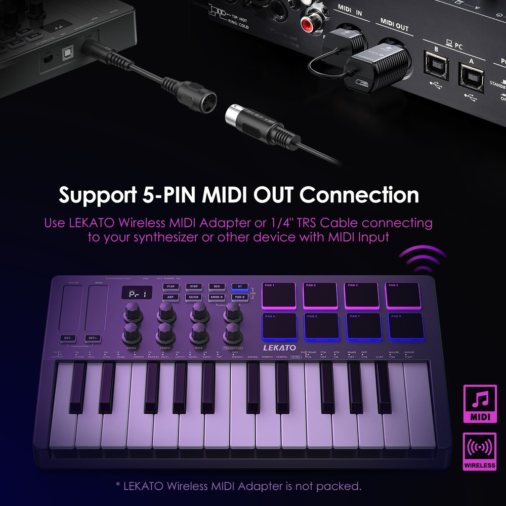 LEKATO 25 Keys Mini bluetooth MIDI 8 Backlit Drum USB MIDI Keyboard Controller