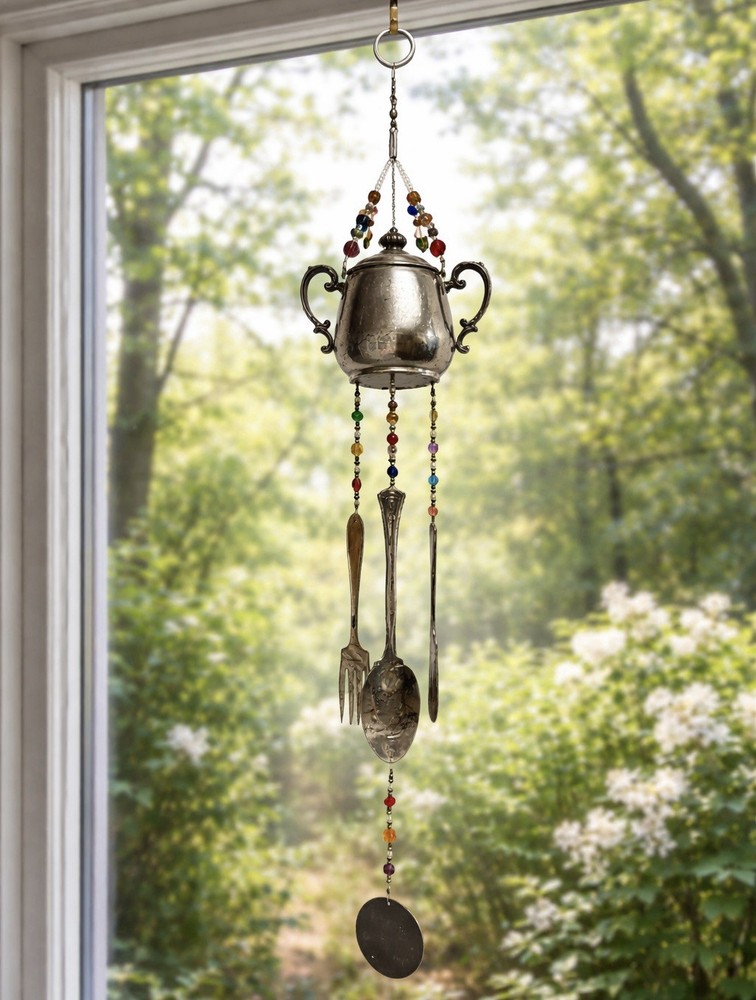VTG Handmade Signed Silver Sugar Bowl Beaded Silverware Windchimes Boho Antique