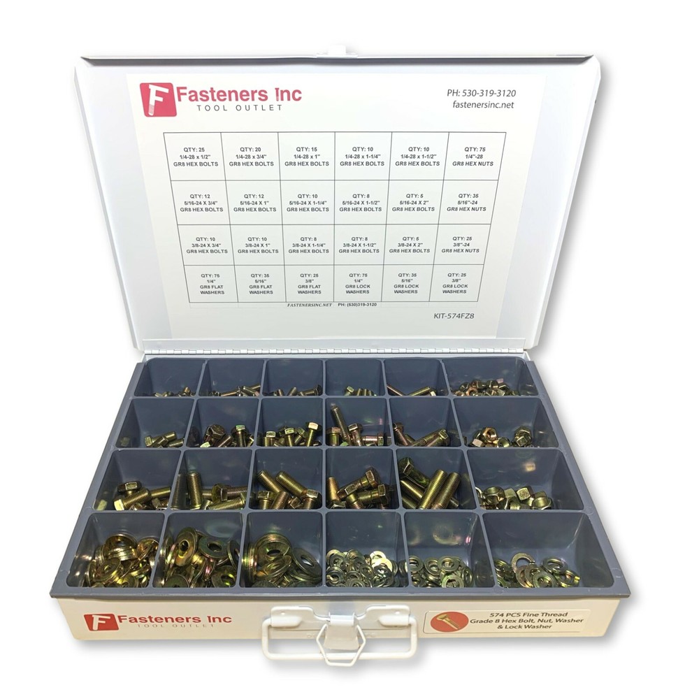 574PCS FINE THREAD Grade 8 Hex Bolts, Nuts & Washers Assortment Kit Yellow