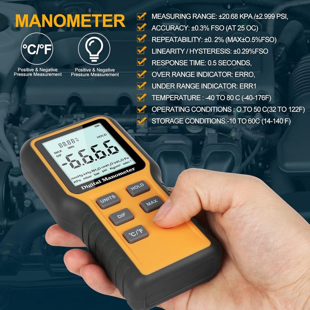 Handheld Digital Manometer - Accurate Gas Pressure Tester with Backlight Display