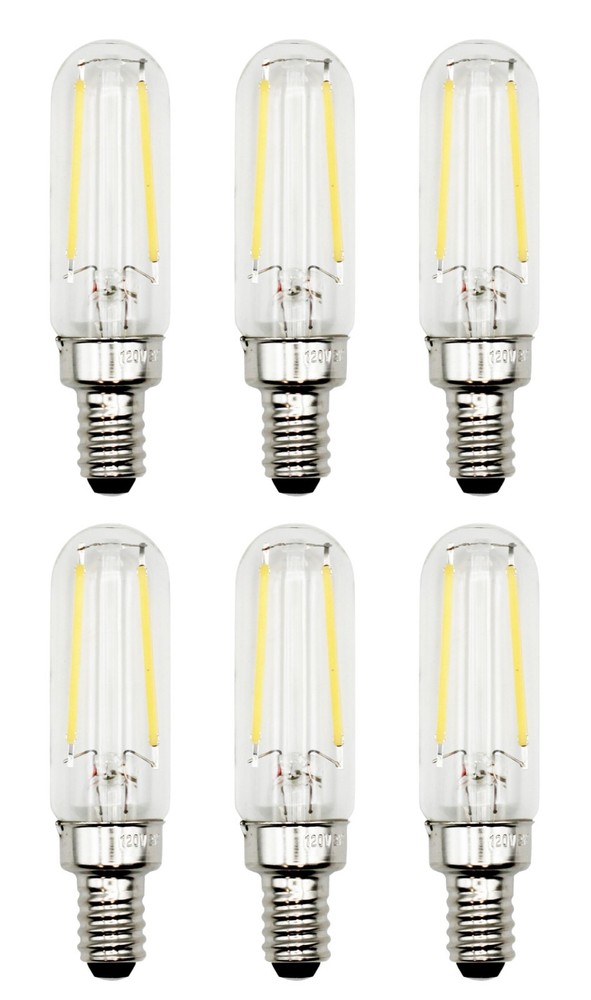 6 Pack of T6 LED Tubular Bulbs, 2W 120V, E12 Candelabra Base, Clear Glass filamt