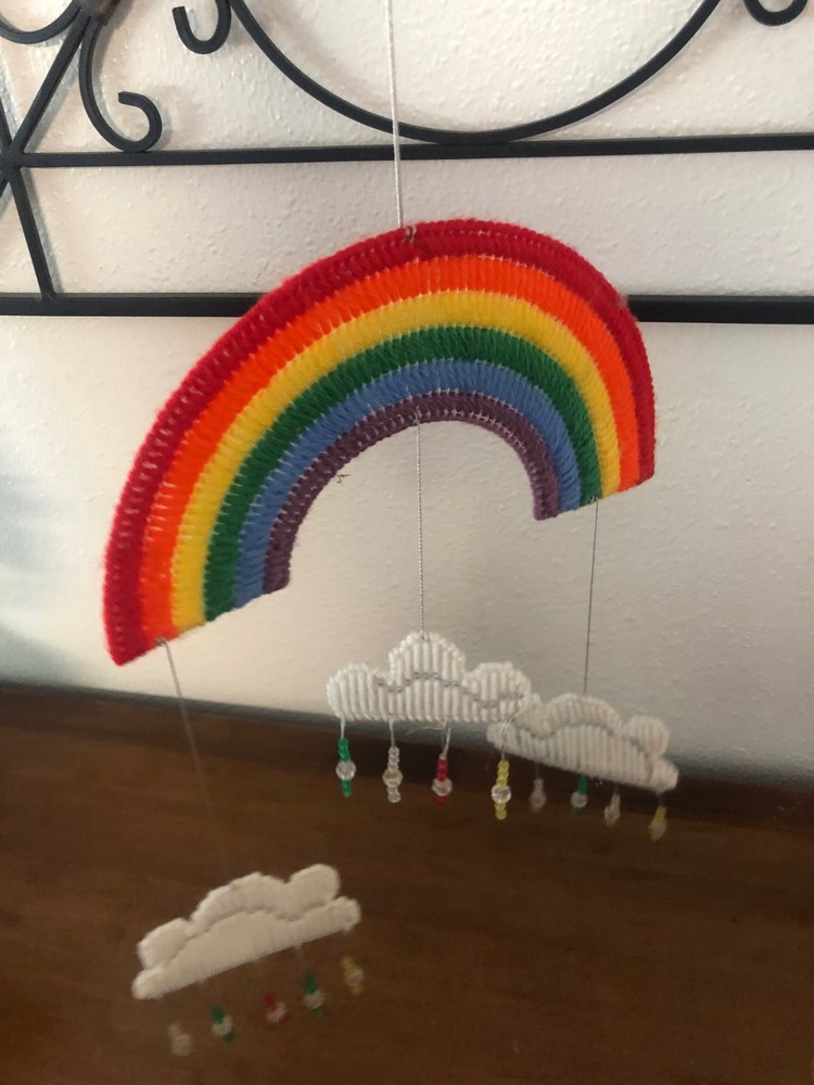Handmade rainbow colorful plastic canvas wall hanger art