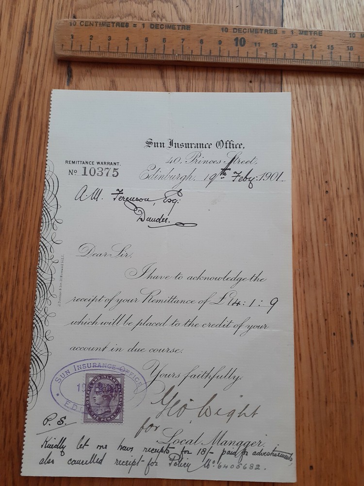 1901 Sun Insurance Office Edinburgh remittance warrant