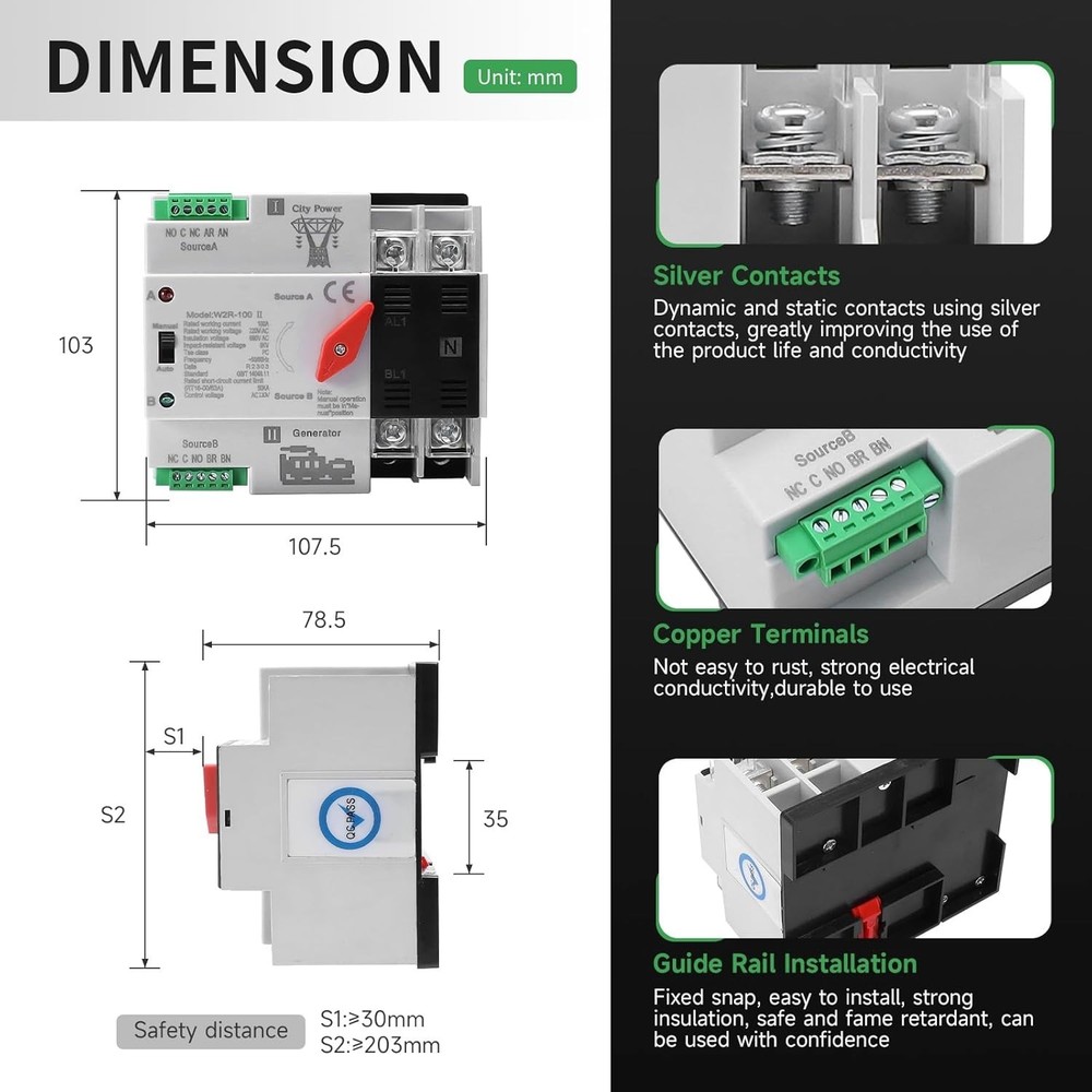 Versatile 2-Pole 100A ATS with Automatic Changeover for Safe Power Supply