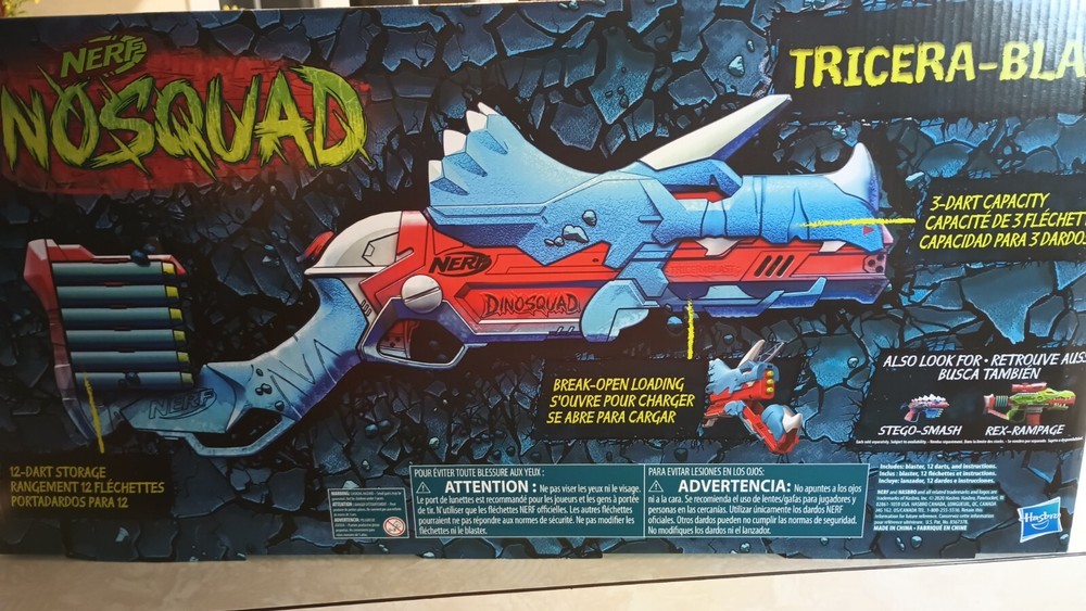 Nerf DinoSquad Tricera-blast Blaster, Break-Open 3-Dart Loading, 12 Nerf Darts