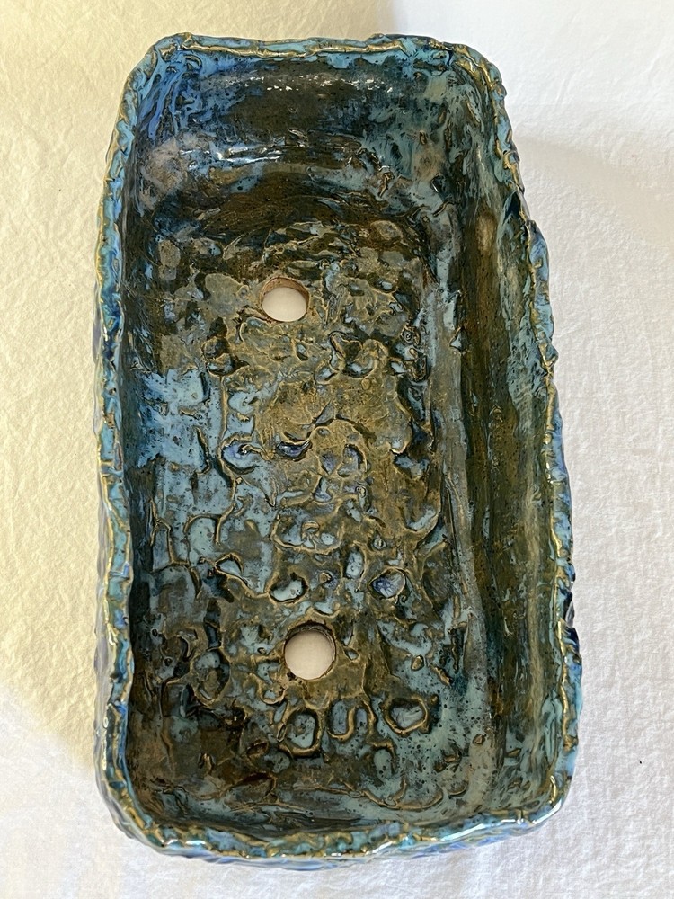Vintage Ceramic Planter in Brutalist MCM Style Blue and Green Rectangular