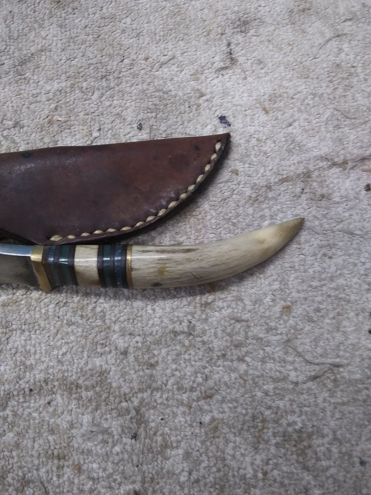 Vintage Custom Fixed Blade Hunting Knife Stag Handle Unknown Maker W/Sheath