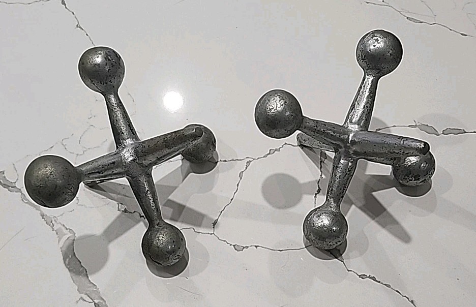 Vintage Silver Cast Iron Jack Bookends. Retro Modern Pop Art