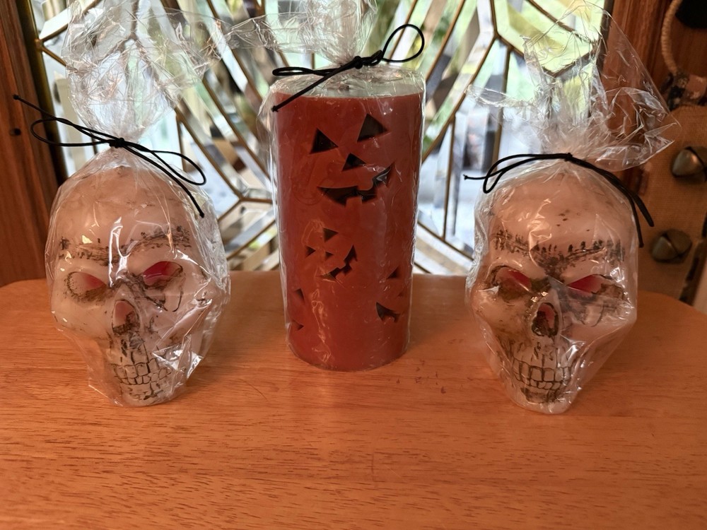 2- Red Bleeding Skulls & Jack-O-Lantern Pillar Candle Bundle Halloween Decor