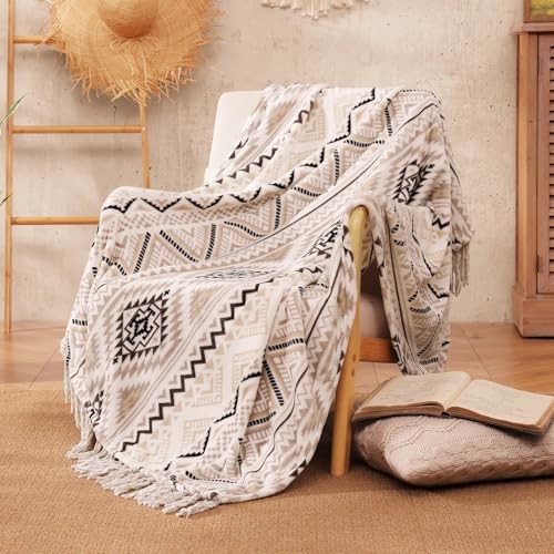 Boho Throw Blanket - Decorative Blankets with Throw-50"X 60" Beige and Gray