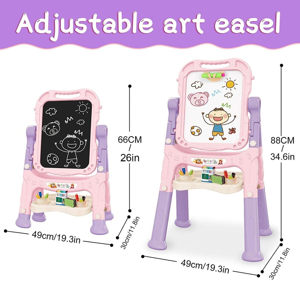 Mojitodon Art Easel for Kids, Adjustable Standing Rotatable Double Sided Pink