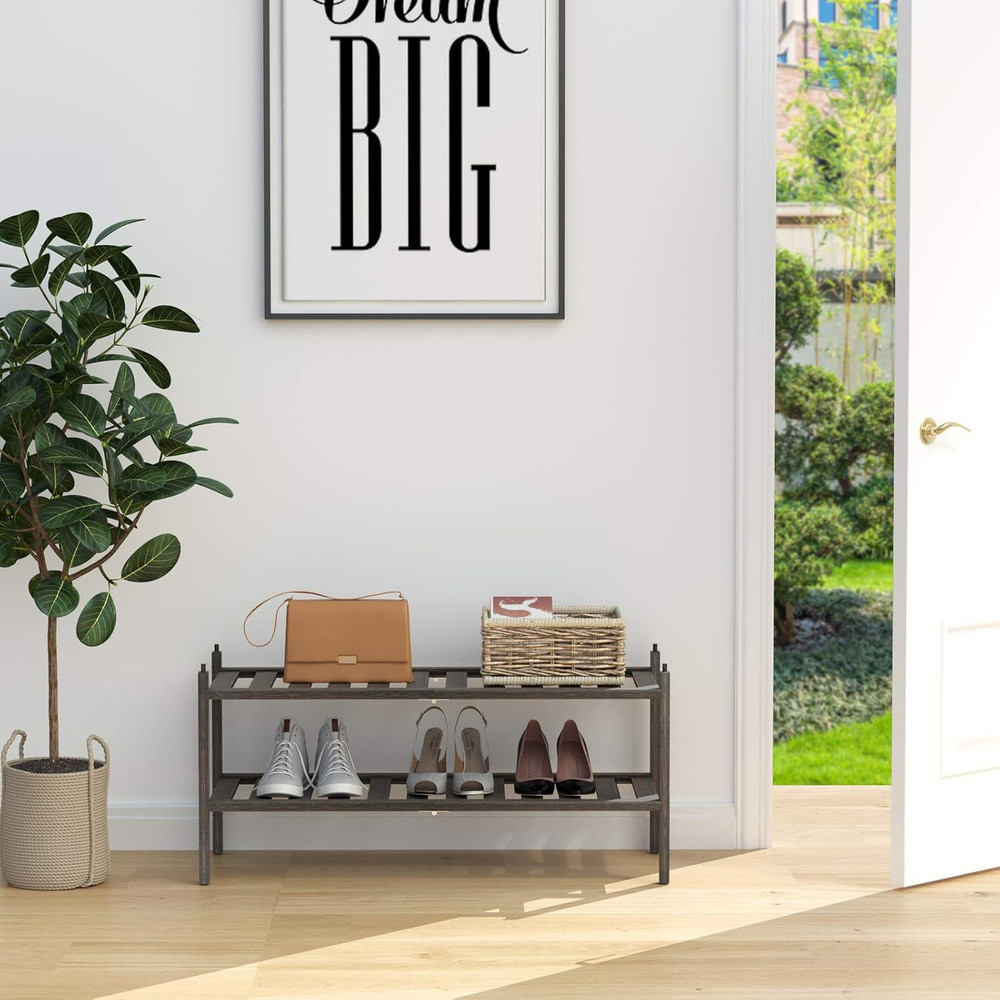 Bamboo 2-Tier Shoe Rack Stackable Shelf Storage Organizer for Entryway, Hallway