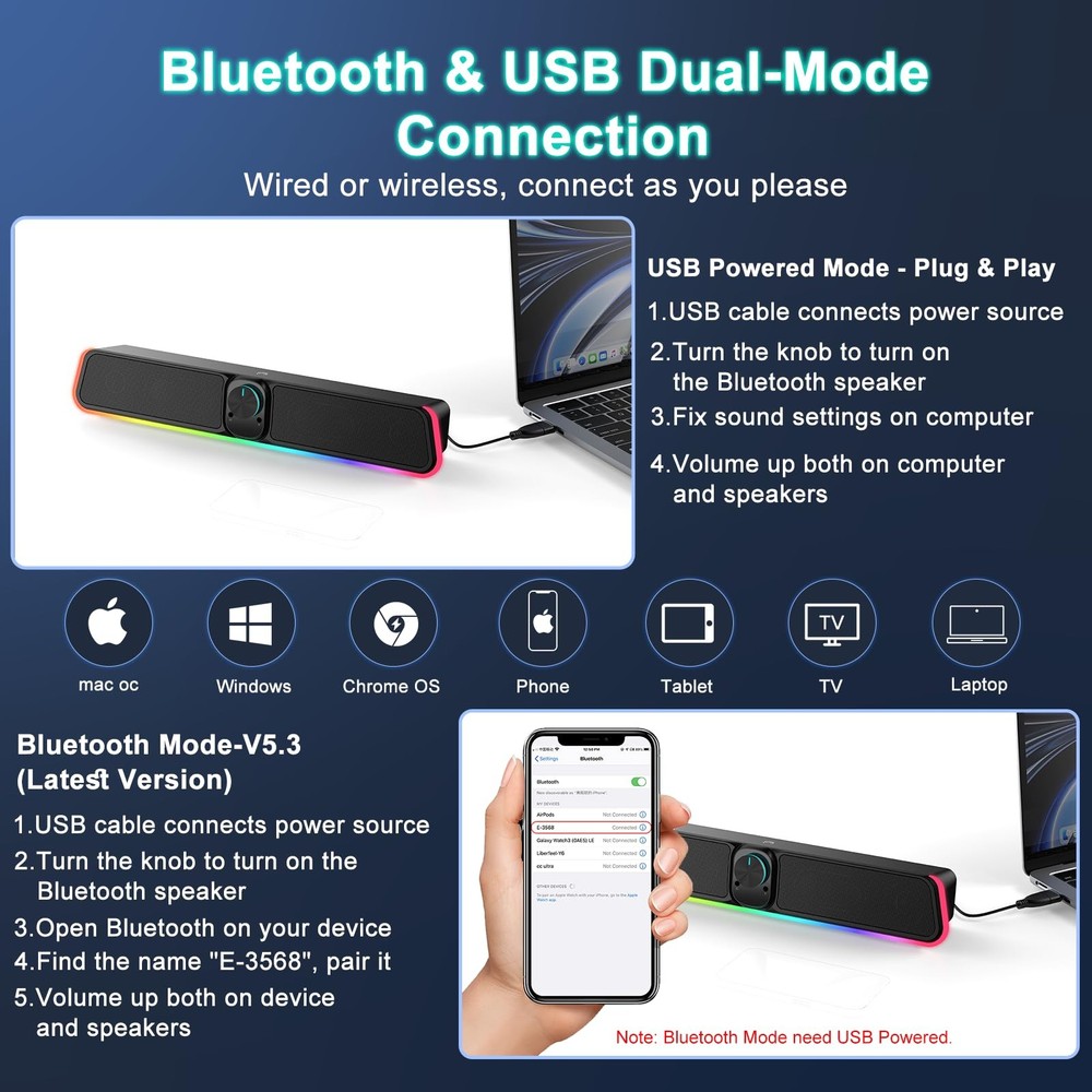 Computer Sound Bar Speaker USB Powered Bluetooth RGB