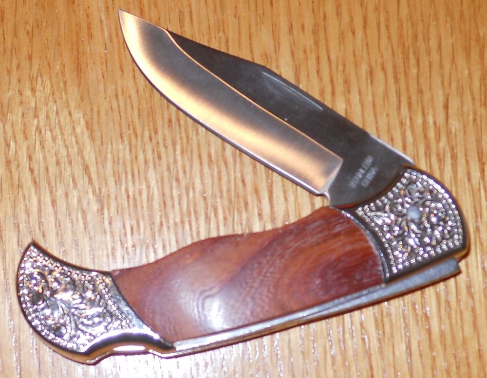 Solid Wood handle on 7 1/2" Folding Lock Back Stainless Steel Knife