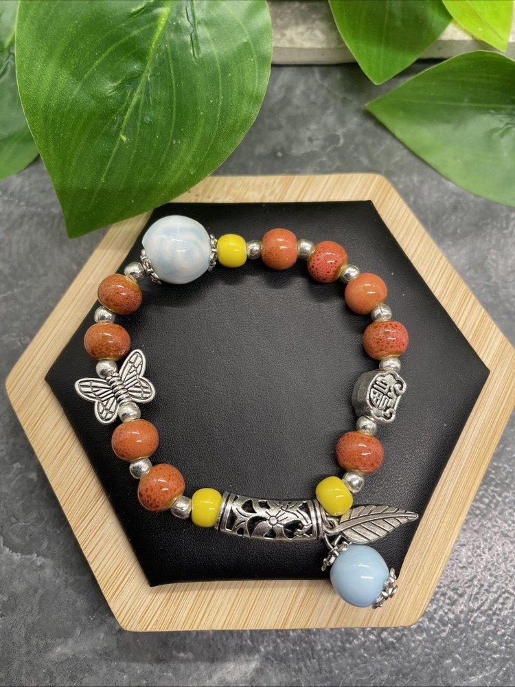 Handmade Ceramic Bead Beaded Stackable 6.5” Plus Stretch Bracelet New B304