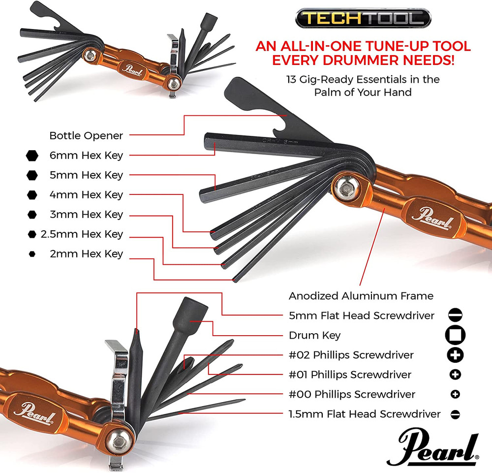 Tech Tool Combination Drum Key and Drum Set Multi-Tool with Five Screwdrivers, S