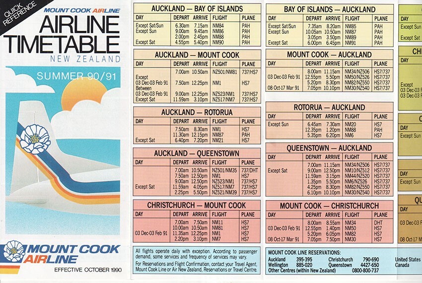 Mount Cook Airline timetable 1990/OCT