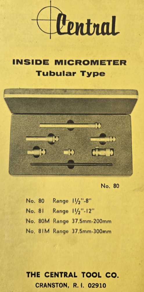 Central Tool Co. INSIDE MICROMETER Tubular Type Set No. 80 in Original Case