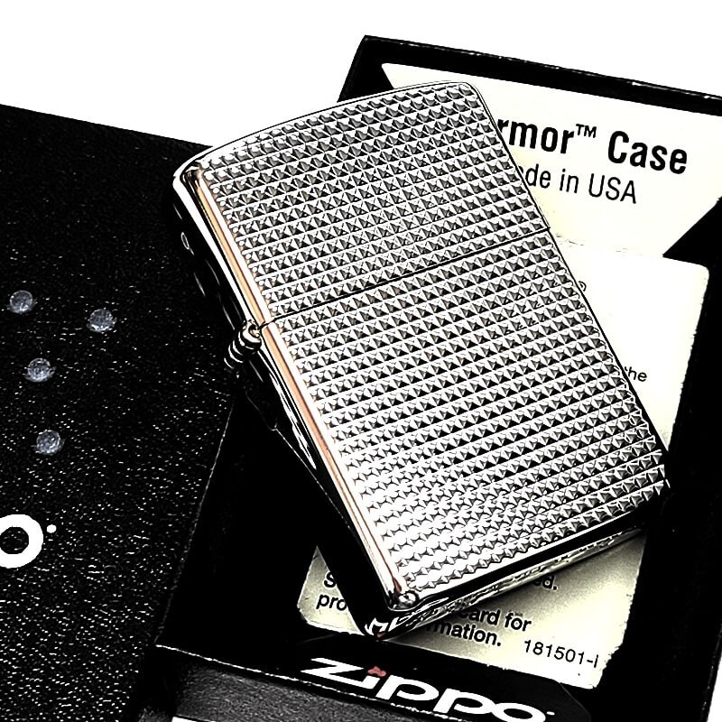 Zippo Armor Fine Lattice Diamond Silver Etching Brass 2 Sided Processing Lighter