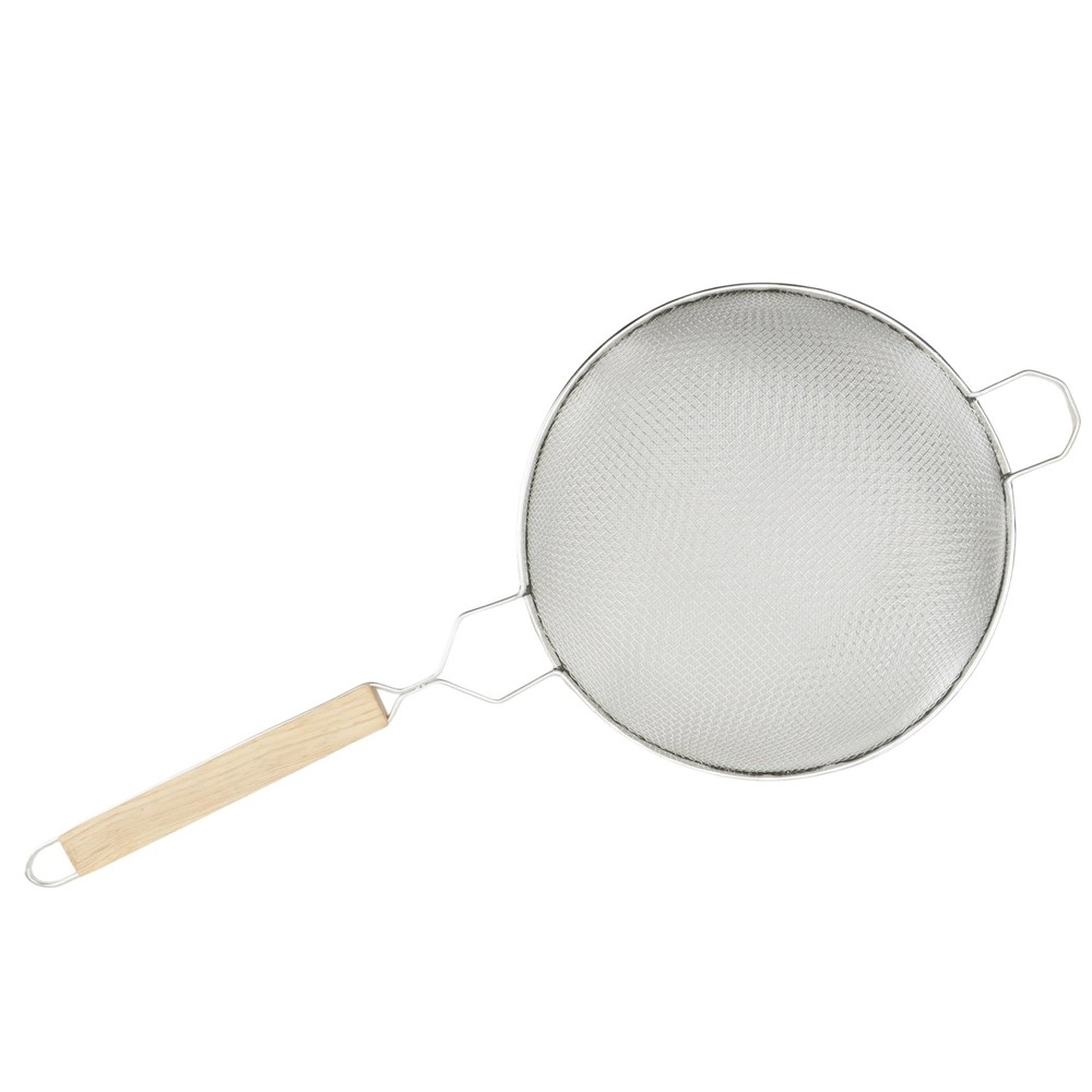 Fine Double Mesh Strainer 10.25Inch Diameter Medium Tin Sieve Tan Handle