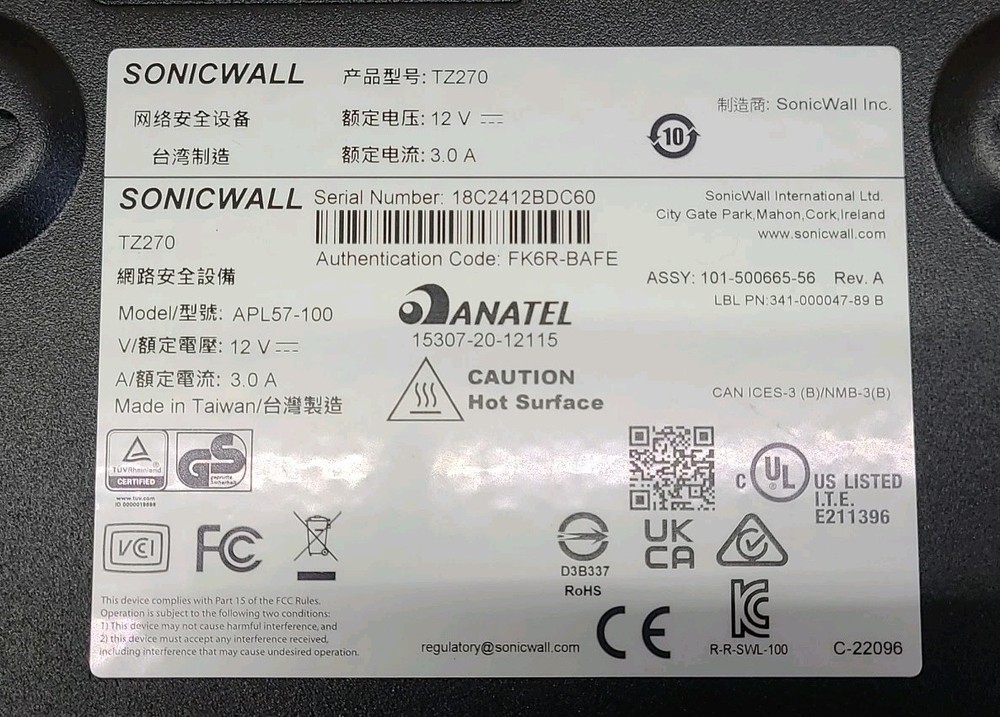 SONICWALL TZ270 Network Security Firewall No AC Adapter - Tested & Working!
