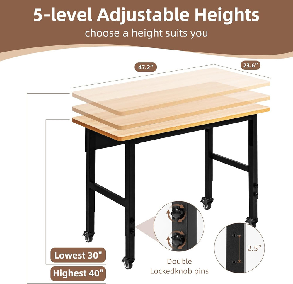 48" Adjustable Workbench with Wheels, Rolling Work Table for Garage, 2000 LBS Ca