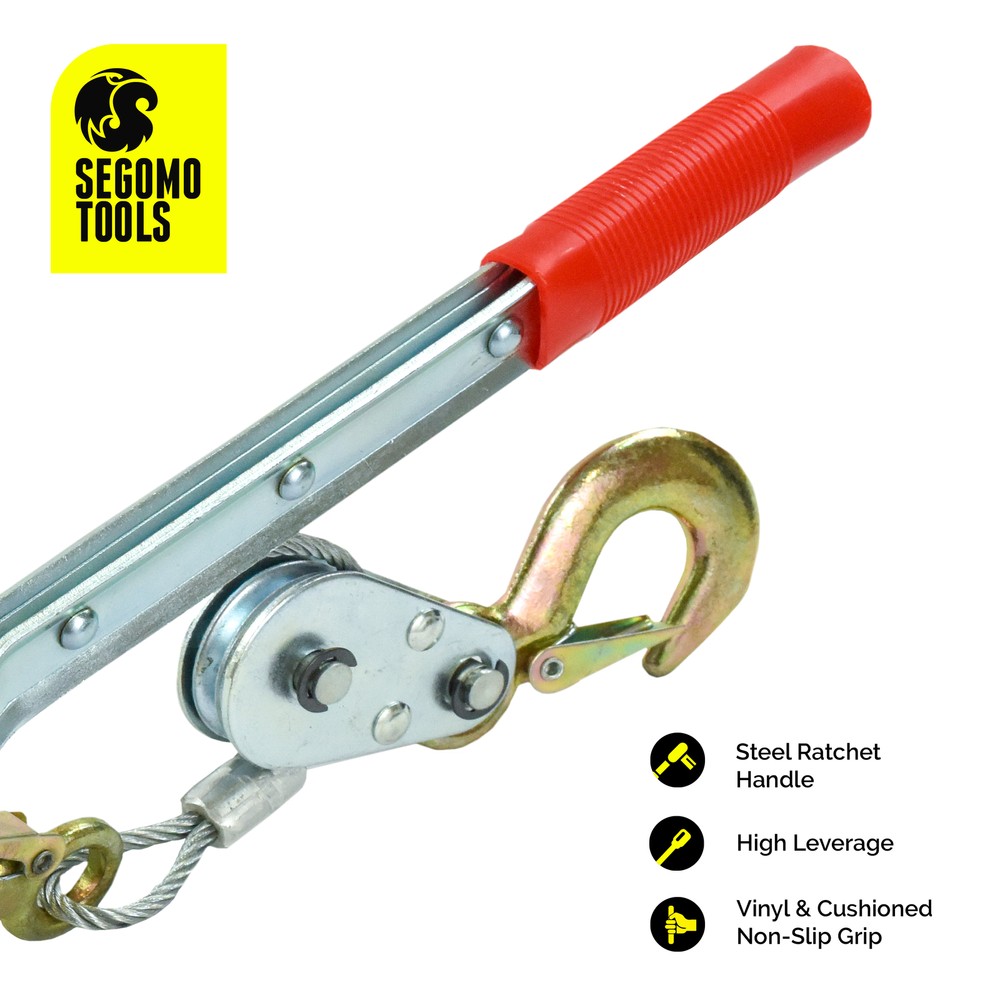Segomo Tools 2 Ton 3 Hook Steel Cable Dual Gear Power Ratchet Puller System
