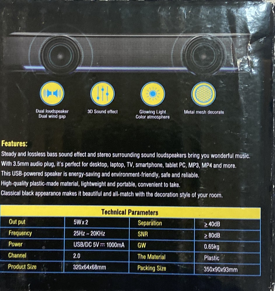 Phission Computer Stereo Speaker Bar FD0004 Usb Powered 3.5mm Connection