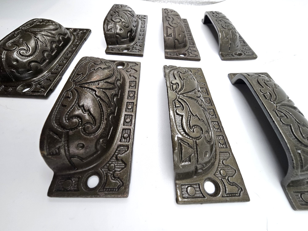 VICTORIAN IRON BIN DRAWER PULLS CABINET HARDWARE 7 ORIGINAL DECORATIVE HANDLES
