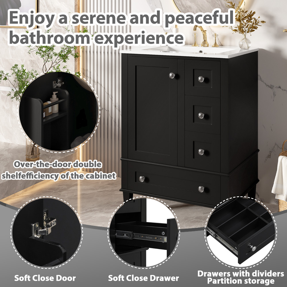 24" Bathroom Vanity with Ceramic Sink &Soft-close Drawers &Double-Layer Shelf