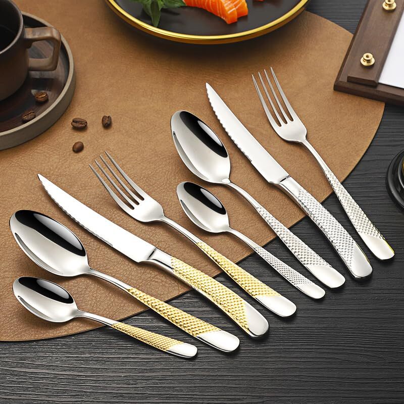 18-Piece Silver Hammered Silverware Set for 6 Stainless Steel Flatware