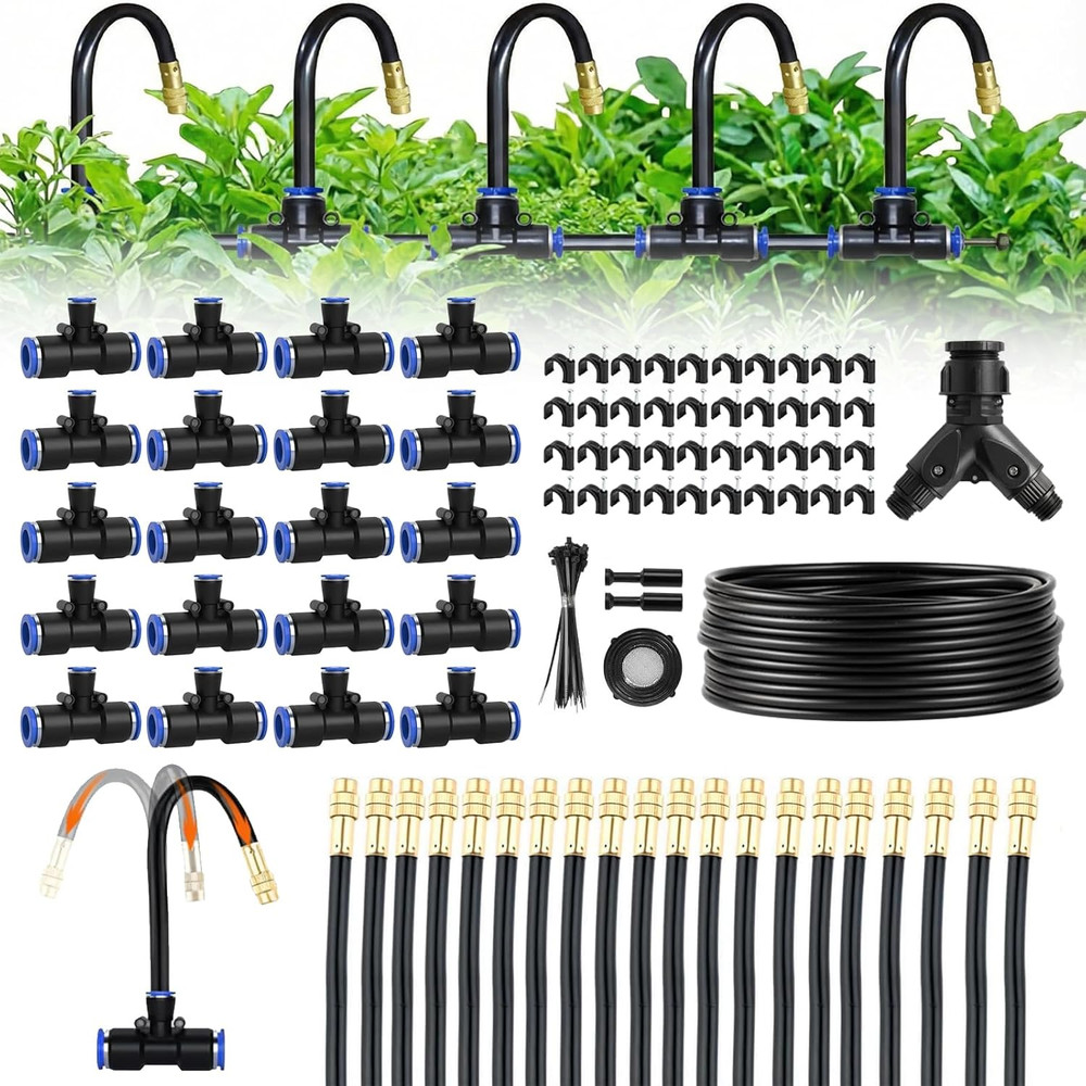 100Ft 1/4-Inch Drip Irrigation Kit with 16 Adjustable Copper Nozzles, Automatic