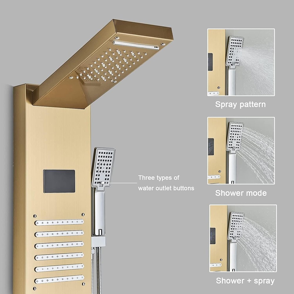 LED Shower Panel Tower System Rainfall Waterfall Massage Jet Spraye Brushed Gold
