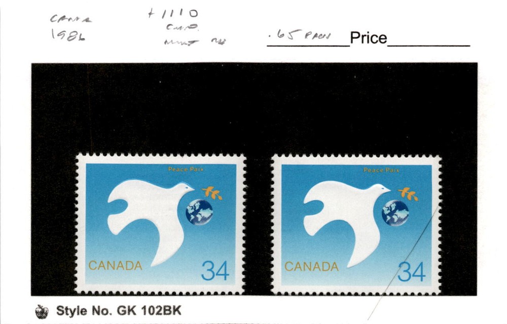 Canada, Postage Stamp, #1110 (2 Ea) Mint NH, 1986 Peace (AD)